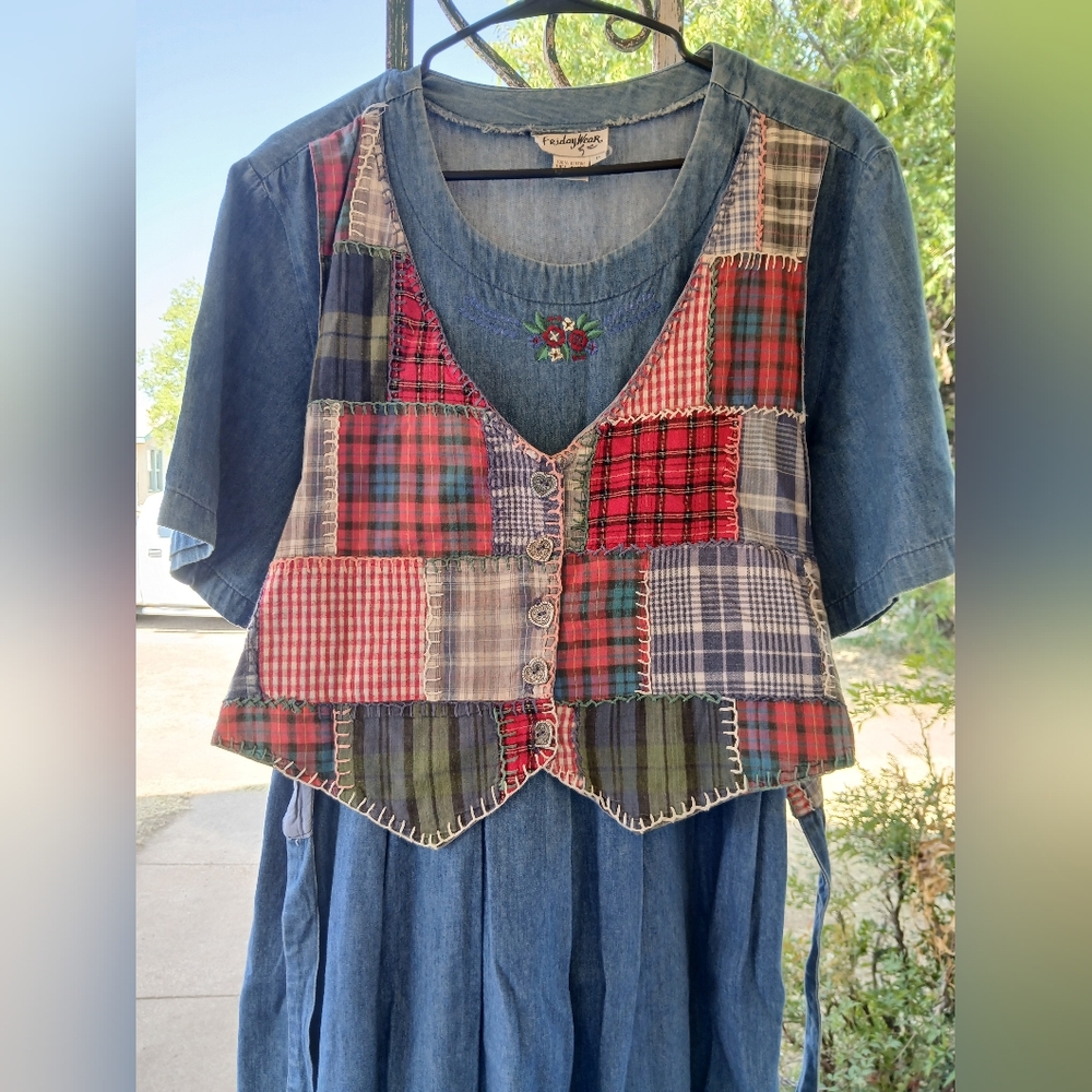 VINTAGE Friday Wear Jean Dress Plaid Patchwork Fabric, Decorative Buttons, sz 14
